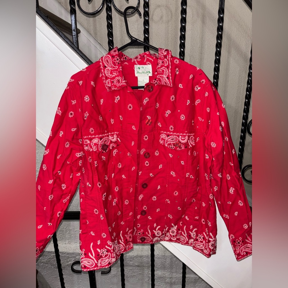 Women's Red Paisley Jean Jacket with rhinestone details